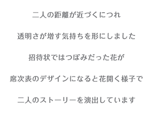 二人の距離が近づくにつれ 透明さが増す気持ちを形にしました 招待状ではつぼみだった花が 席次表のデザインになると花開く様子で 二人のストーリーを演出しています 寄り添う花をパールカラーの紙に透かしたデザインが上品なシリーズです トランスパランとはフランス語で「透明な」の意味です 